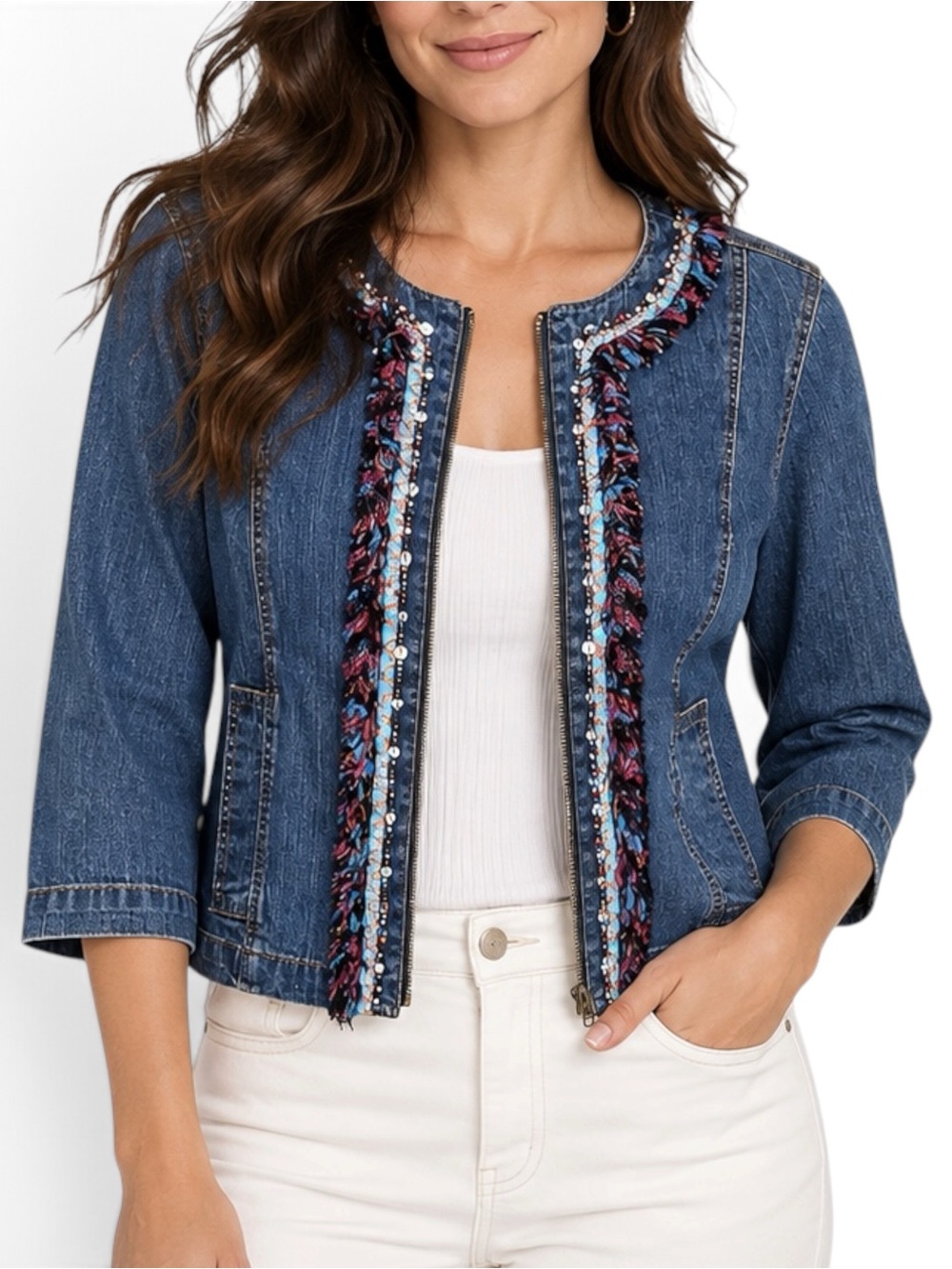 Ruby Rd Denim Jacket 6 Blue Boho Fringe Sequin Beaded Zip Y2K